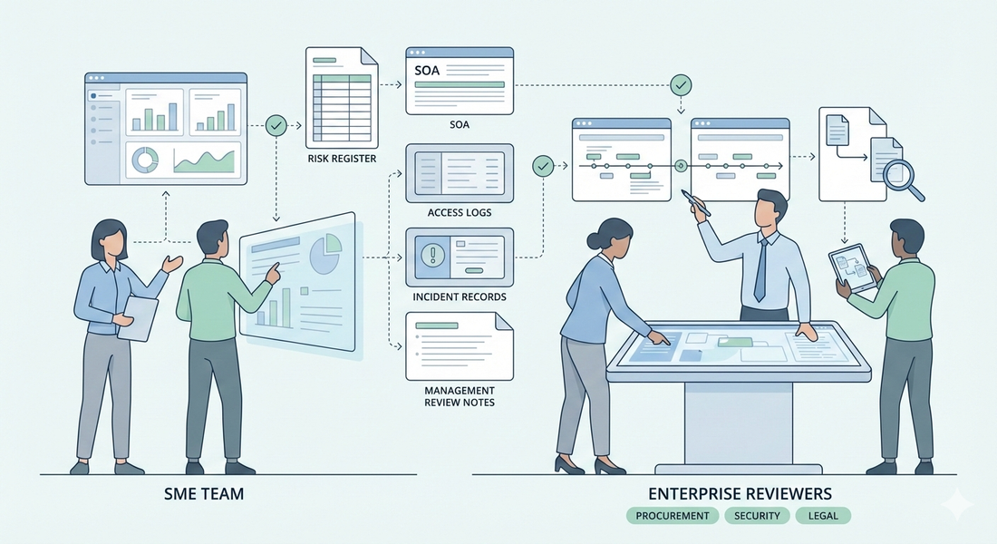 Illustration showing enterprise reviewers examining ISO 27001 evidence such as risk registers, access logs, and ISMS records from an SME.