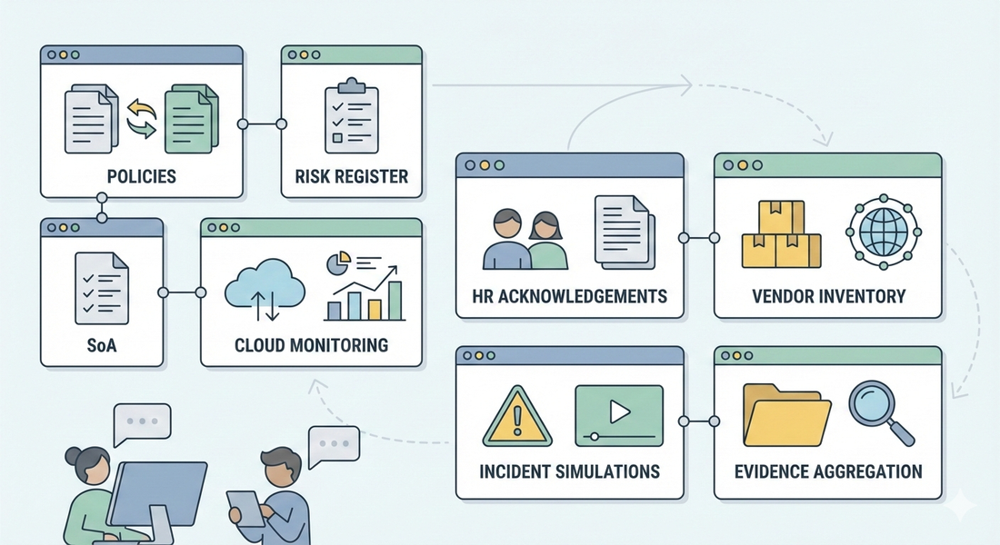 Vector illustration of a structured dashboard showing ISO 27001 governance templates, cloud monitoring, HR acknowledgements, vendor oversight, and evidence aggregation for startups.