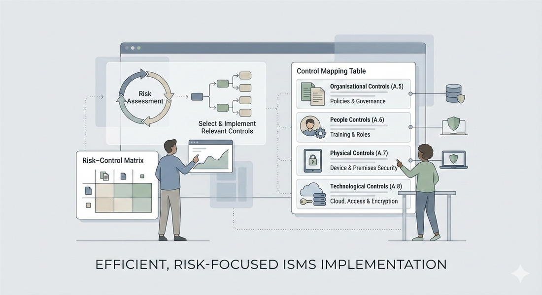 Minimalist vector illustration showing SMEs applying ISO 27001:2022 Annex A controls using a risk-based information security approach.