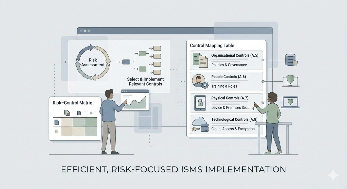 Minimalist vector illustration showing SMEs applying ISO 27001:2022 Annex A controls using a risk-based information security approach.