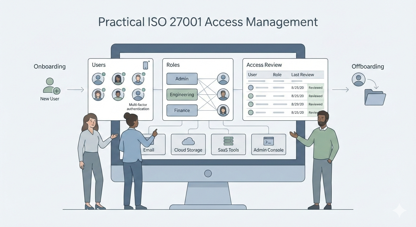 Minimalist illustration of a small team managing user access and roles in cloud systems for ISO 27001 access management in SMEs.