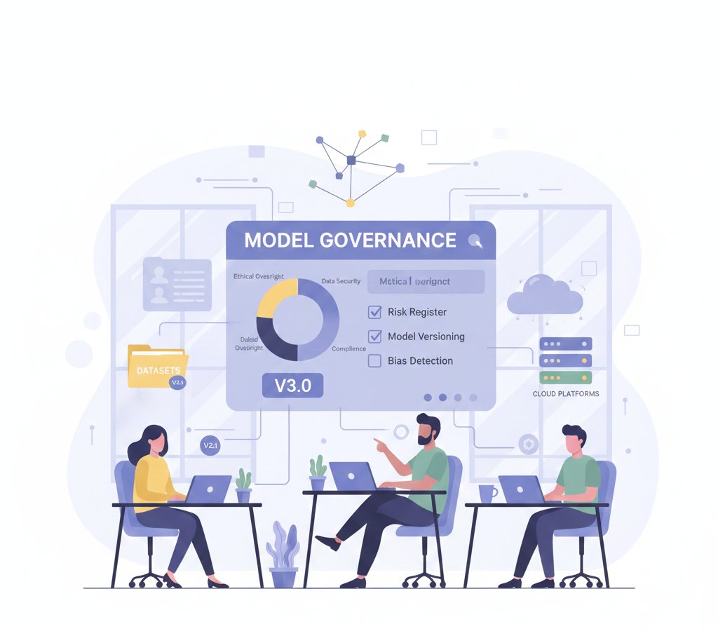 Vector illustration of AI startup team managing model governance, datasets, and cloud platforms using a risk register checklist.