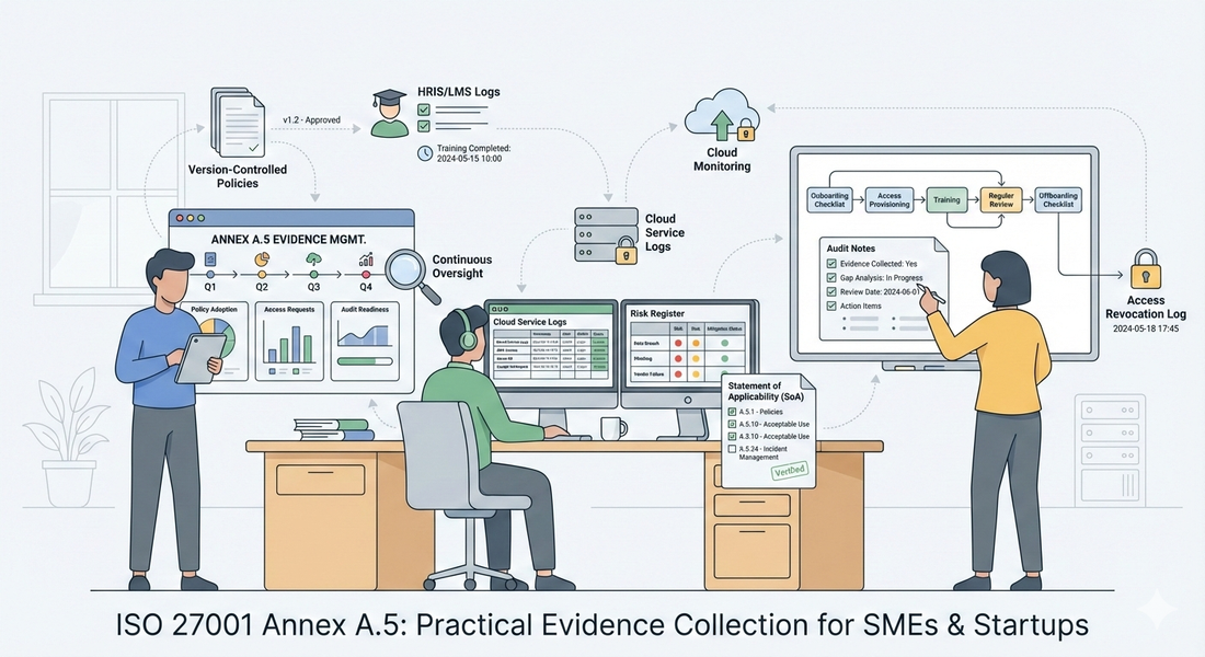 ISO 27001 Annex A.5 evidence collection workflow for SMEs showing the golden thread from policies to logs.
