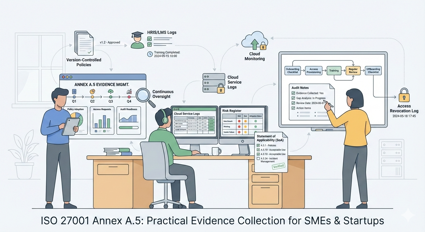 ISO 27001 Annex A.5 evidence collection workflow for SMEs showing the golden thread from policies to logs.