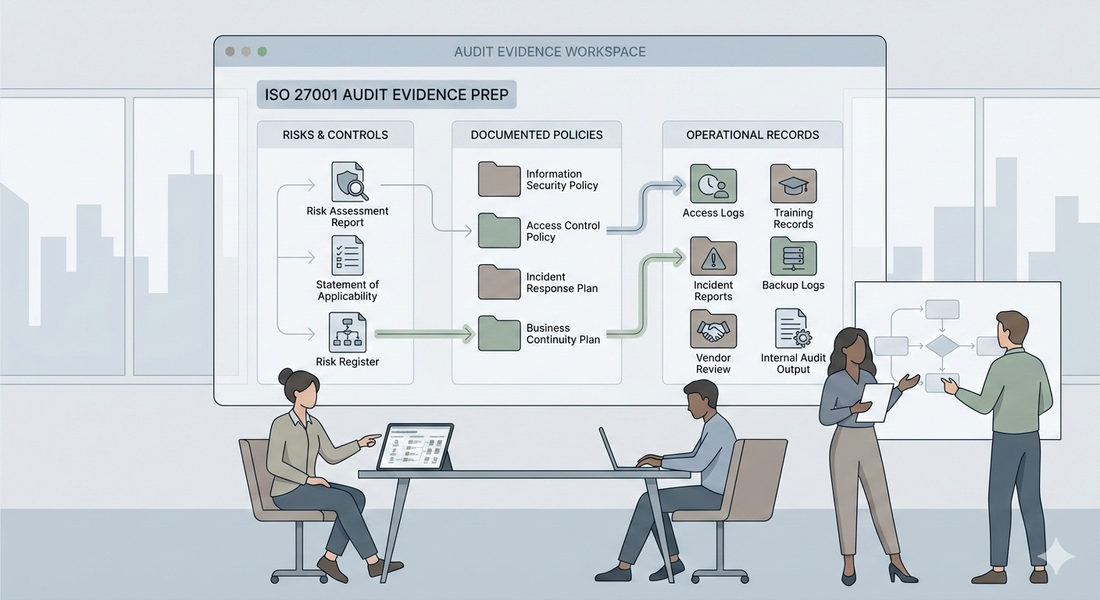 Minimalist illustration showing an SME team organising ISO 27001 audit evidence and documentation