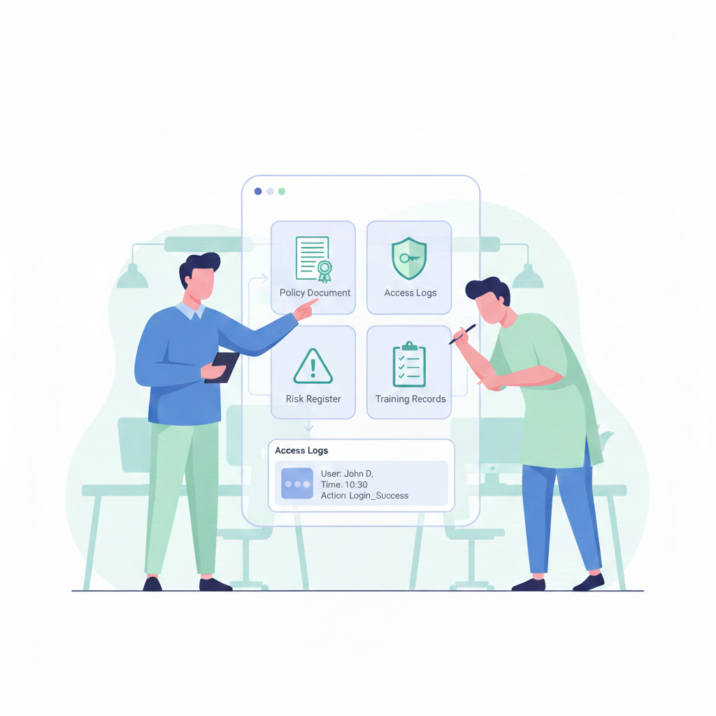 Minimalist illustration of an SME team reviewing a digital dashboard for ISO 27001 audit evidence verification, showing Policy, Logs, and Risk Register icons.