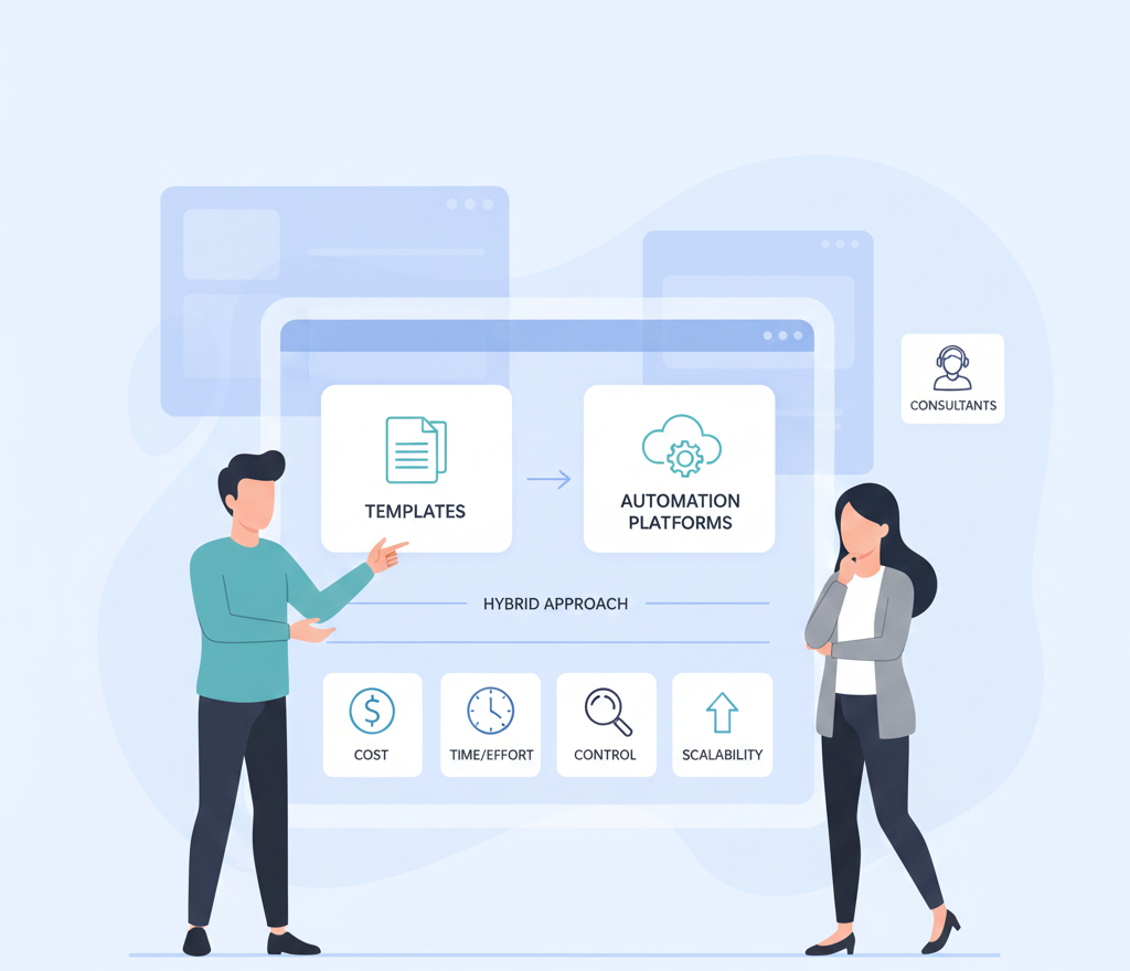 ISO 27001 comparison of Automation Platforms vs Templates for SMEs, showing cost, time, control, and hybrid approach.