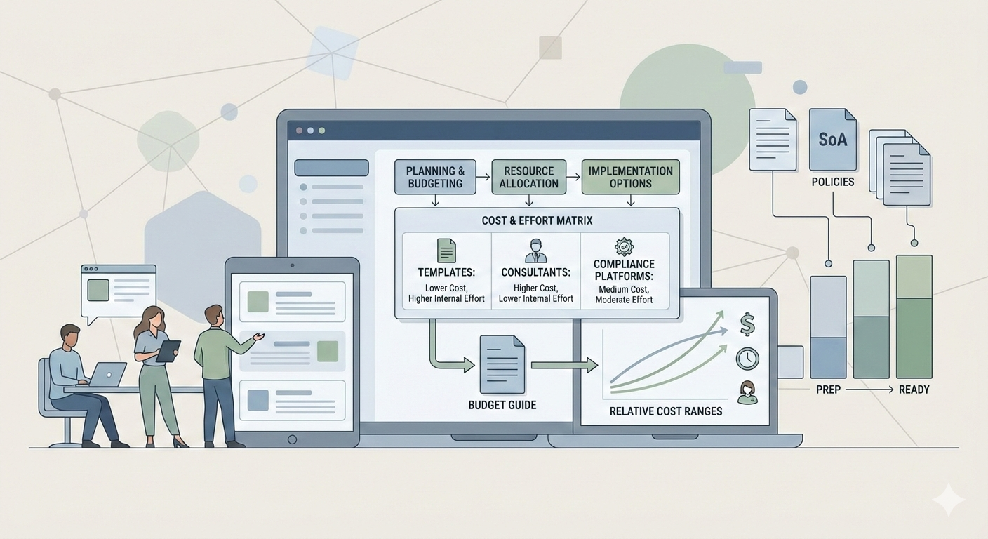 Minimalist illustration of an SME team reviewing ISO 27001 certification costs and implementation options, including templates, consultants, and platforms
