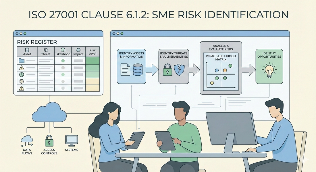 Illustration showing SMEs and SaaS teams identifying information security risks and opportunities using structured ISO 27001 Clause 6.1.2 risk assessment practices.