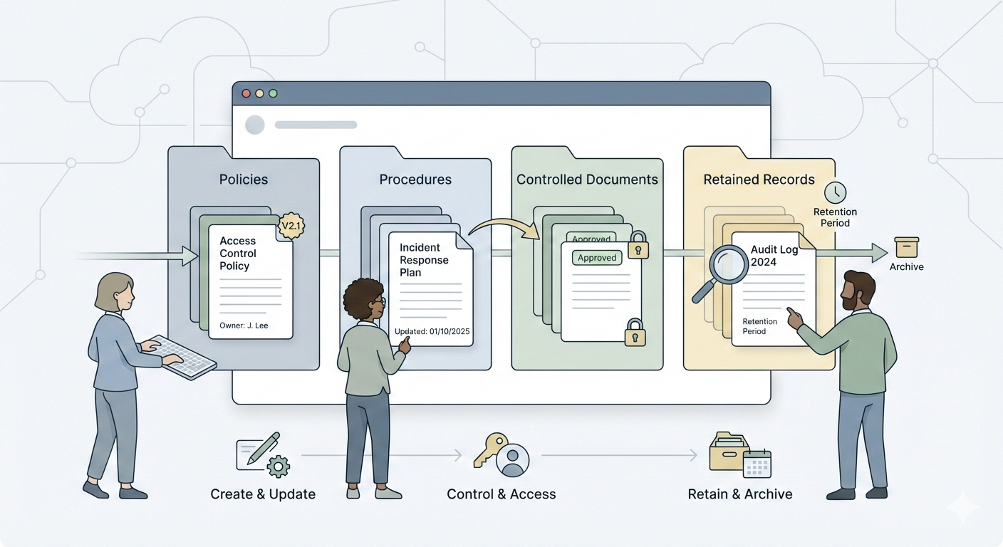 Minimalist illustration showing an SME team organising ISO 27001 documented information, including policies, procedures, and records, within a structured ISMS document control workspace.