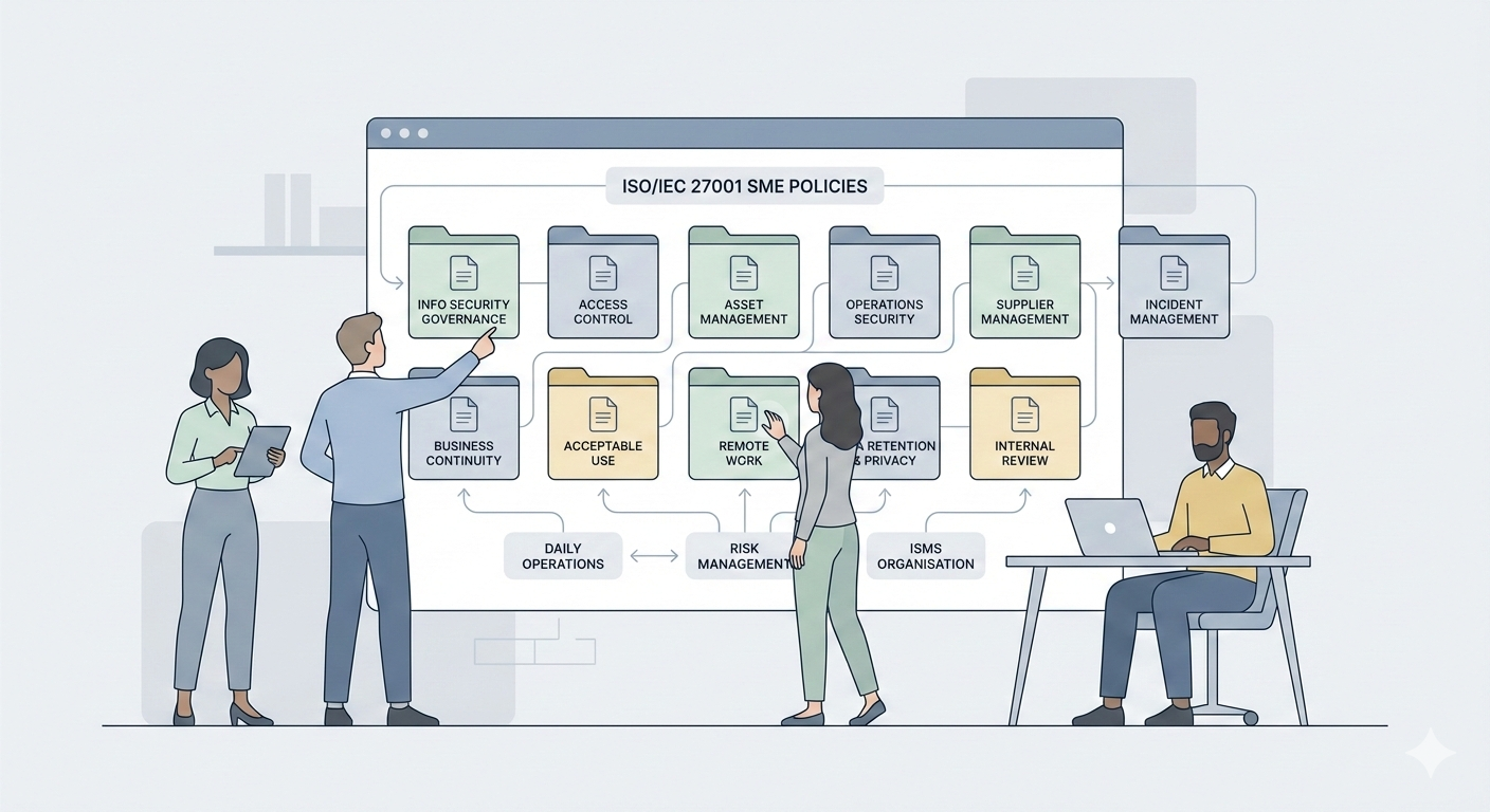 Minimalist illustration showing SMEs organising commonly adopted ISO 27001-aligned information security policies within a structured ISMS workspace.