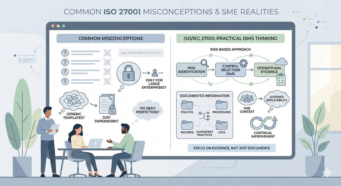 Illustration of SMEs and startups reviewing common ISO 27001 misconceptions using risk registers, policies, and information security workflows.