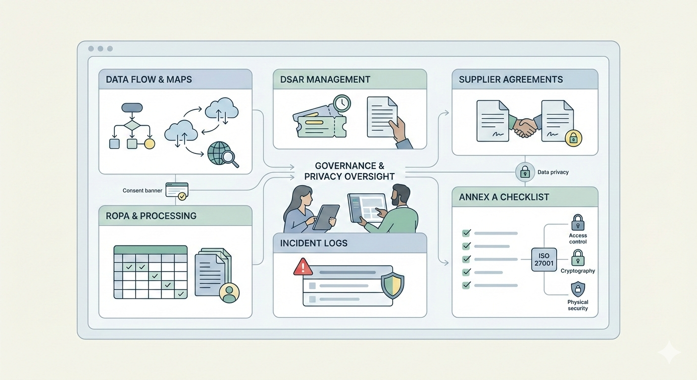 ISO 27001 privacy and security workflow for SMEs, showing dashboards, data maps, ROPA, DSARs, supplier agreements, and Annex A controls aligned with GDPR and CCPA considerations.