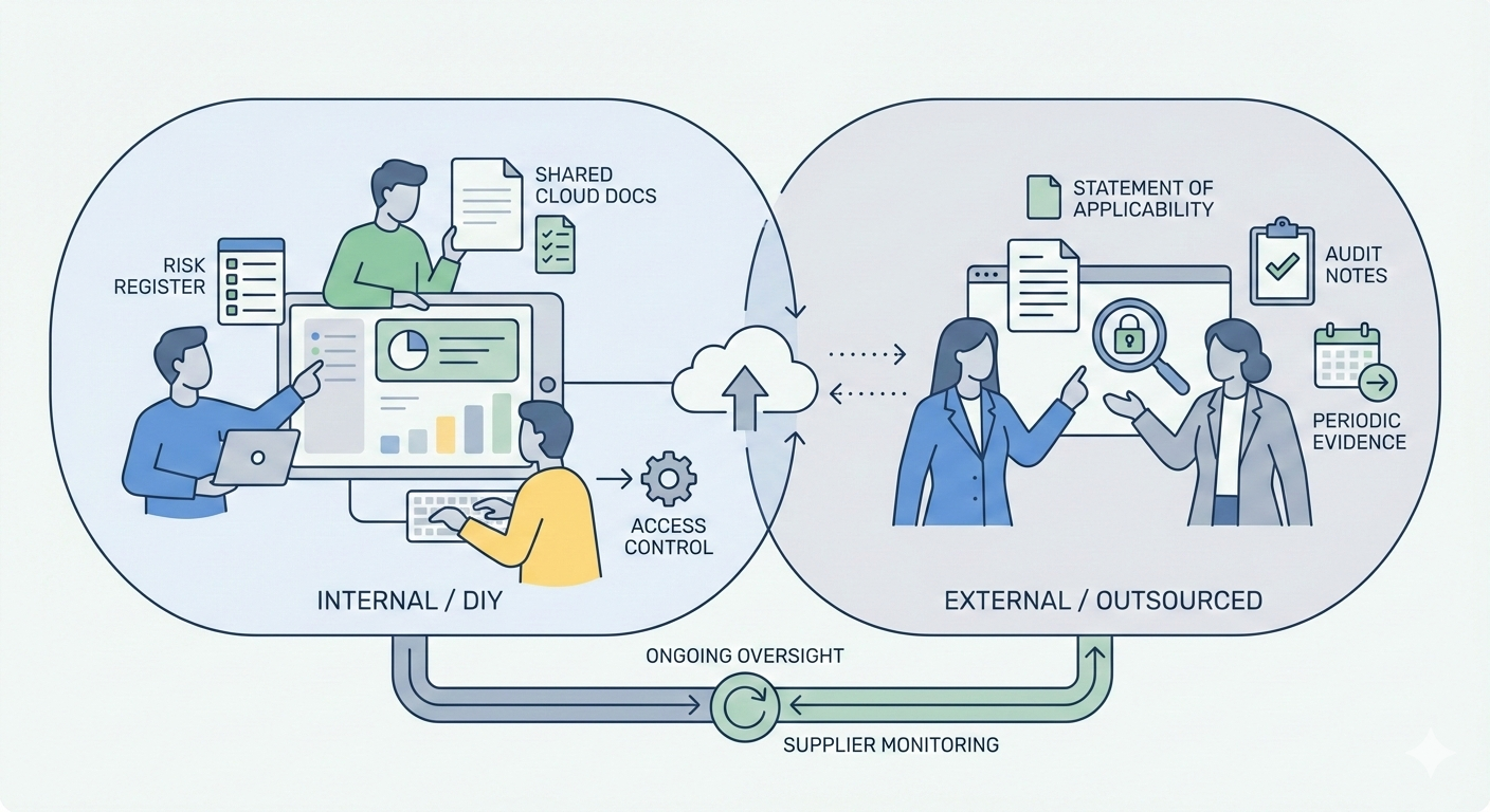 Minimalist illustration showing a small team managing ISO 27001 tasks, combining internal and outsourced activities for a practical ISMS.