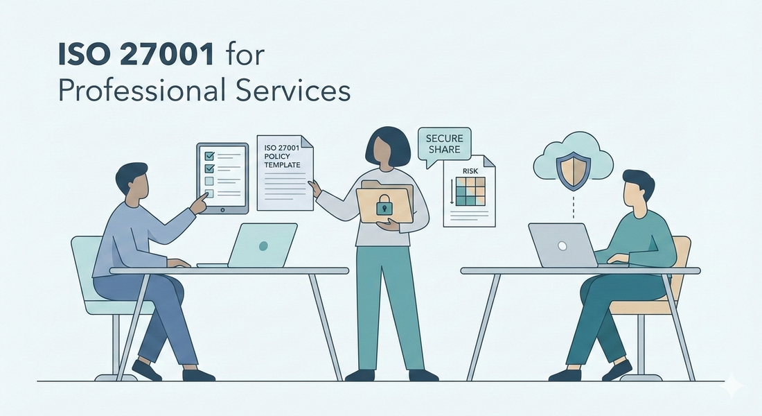 Vector illustration of professional services team implementing ISO 27001 ISMS with client data handling, risk management, and compliance processes