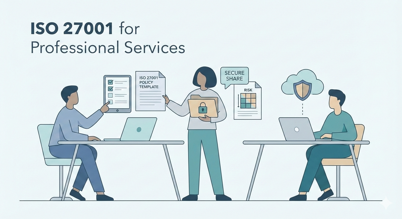 Vector illustration of professional services team implementing ISO 27001 ISMS with client data handling, risk management, and compliance processes