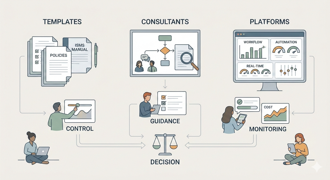 Minimalist vector illustration of a small team comparing ISO 27001 implementation options for SMEs, including templates, consultants, and compliance platforms, in a structured digital workspace.