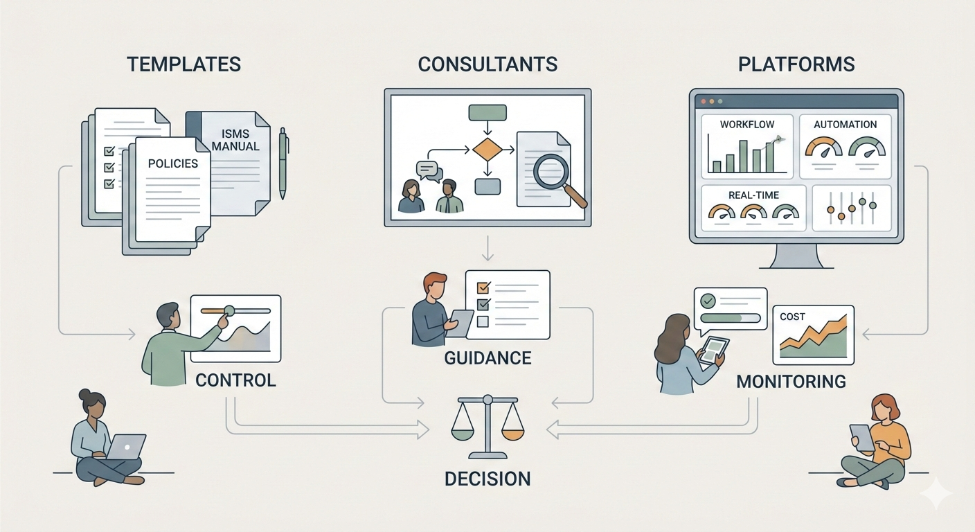 Minimalist vector illustration of a small team comparing ISO 27001 implementation options for SMEs, including templates, consultants, and compliance platforms, in a structured digital workspace.