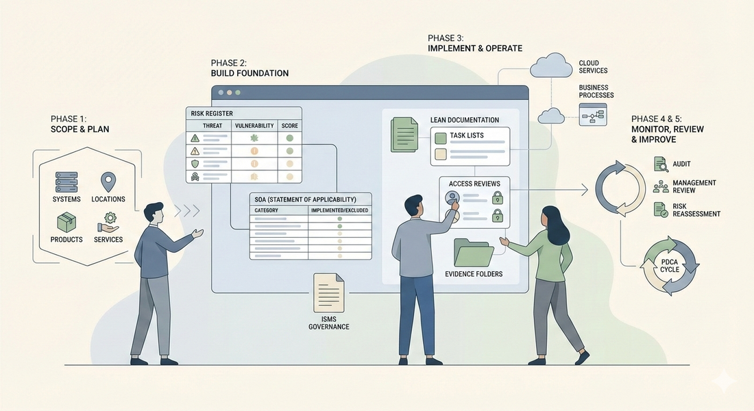 Minimalist illustration of a small team implementing ISO 27001 processes using structured documents and cloud tools for an SME.