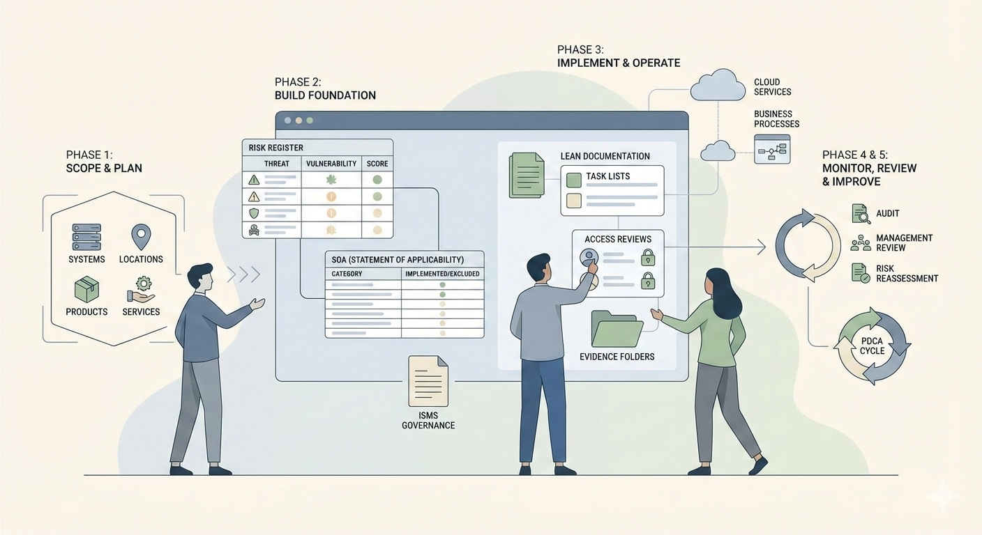 Minimalist illustration of a small team implementing ISO 27001 processes using structured documents and cloud tools for an SME.