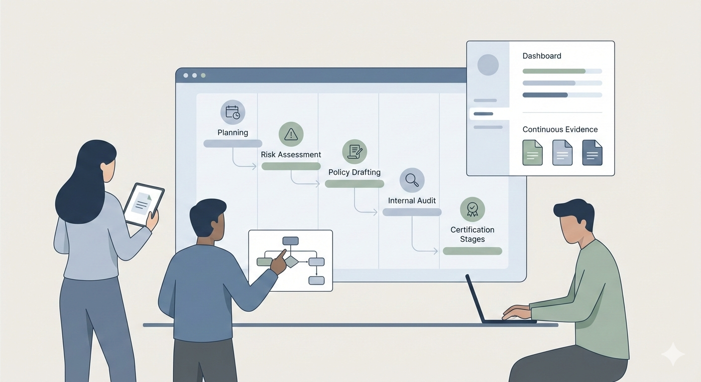 Vector illustration of a startup team planning and implementing ISO 27001 with timeline, milestones, and risk assessment.