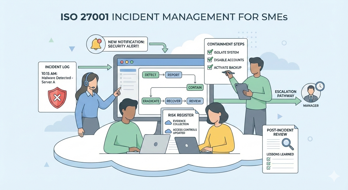 Illustration of SME team managing an ISO 27001 incident workflow with laptops, dashboards, incident logs, and checklists for structured information security handling.