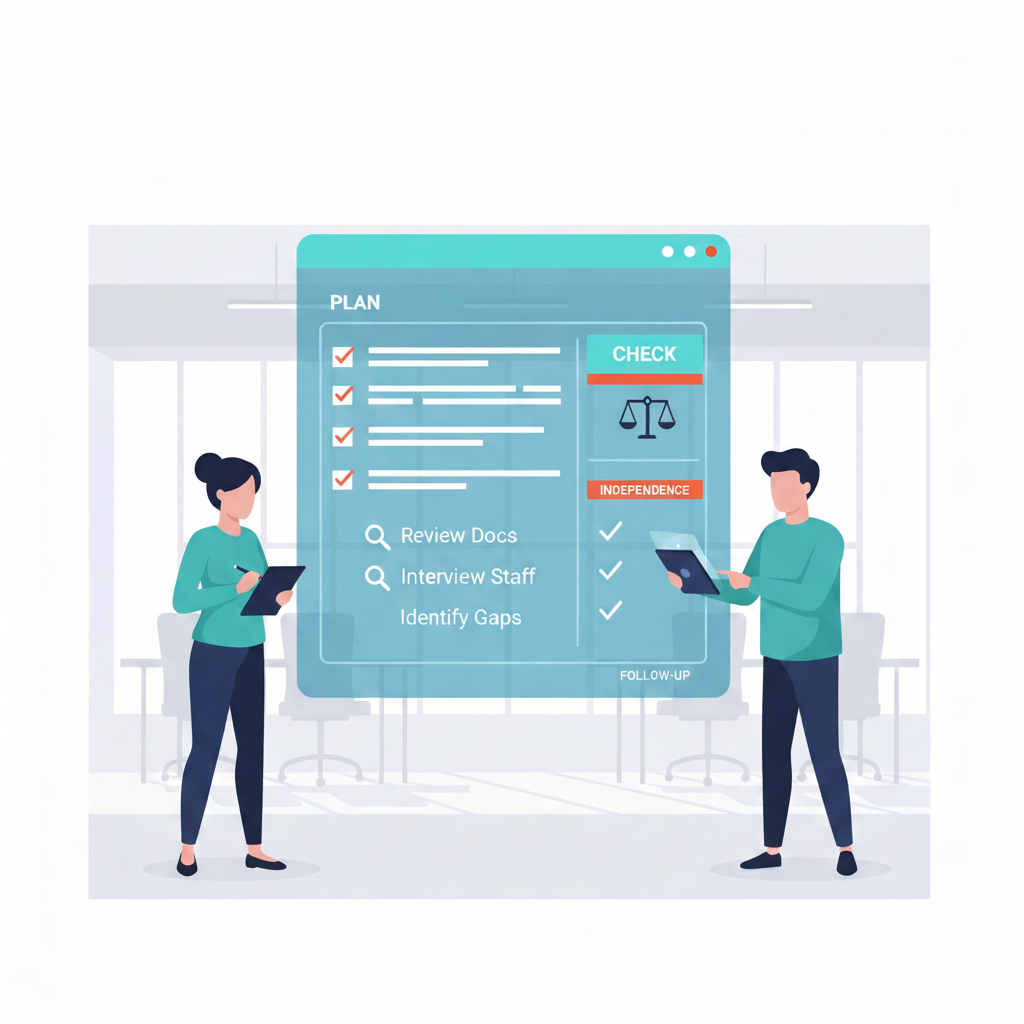 Vector illustration showing two SME team members reviewing a digital ISO 27001 Internal Audit checklist with sections for Plan, Check, Report, and Independence (Clause 9.2).