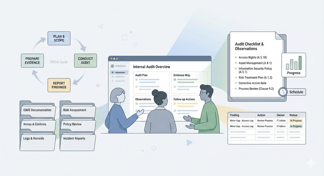 Minimalist illustration of a small team conducting an ISO 27001 internal audit, reviewing audit checklists, ISMS documents, and evidence in a structured workspace