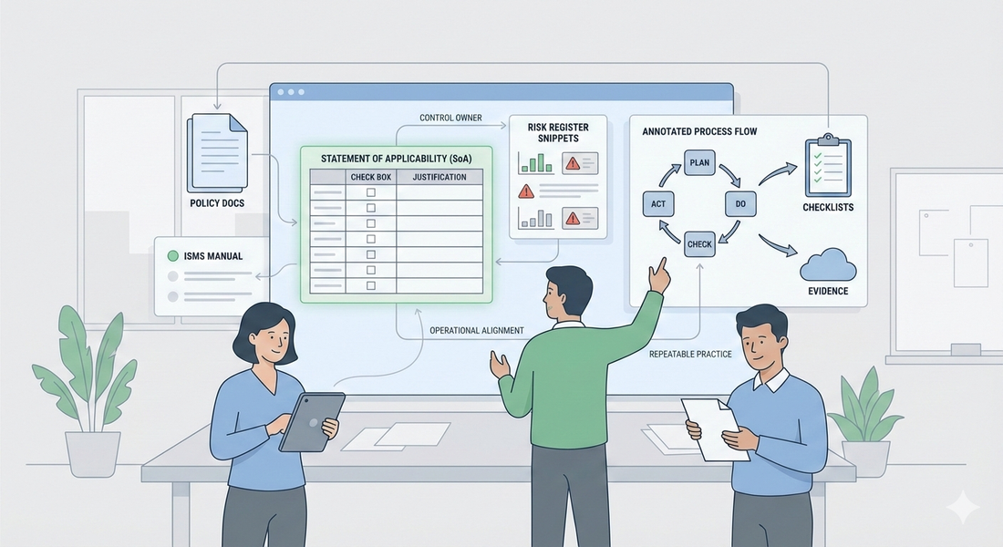Minimalist illustration of a small team organising ISO 27001 ISMS documentation for SMEs and startups, showing policies, risk register, SoA table, and checklists.