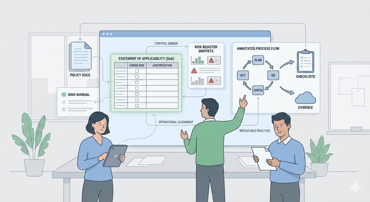 Minimalist illustration of a small team organising ISO 27001 ISMS documentation for SMEs and startups, showing policies, risk register, SoA table, and checklists.