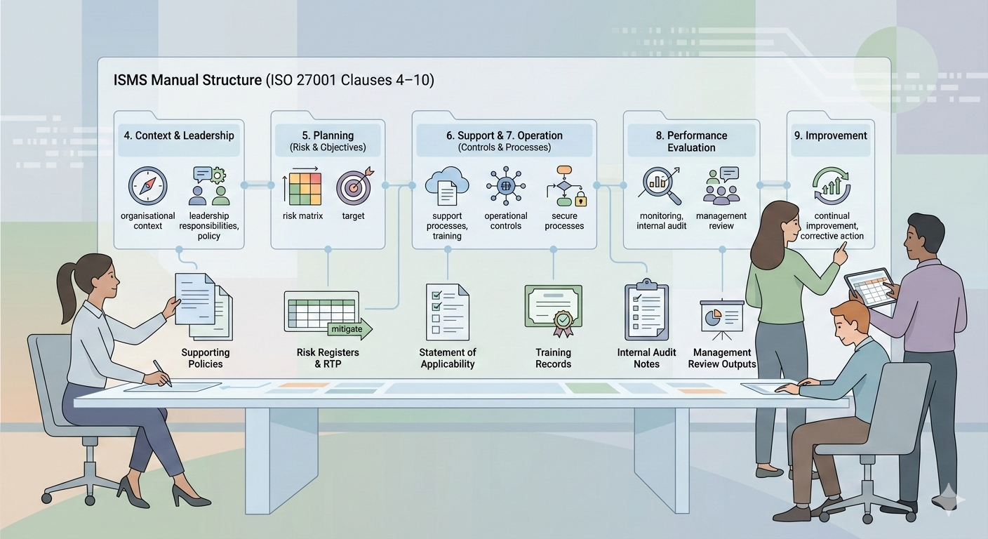 Minimalist illustration of a small team reviewing and organising ISO 27001 ISMS Manual documents for SMEs and startups.