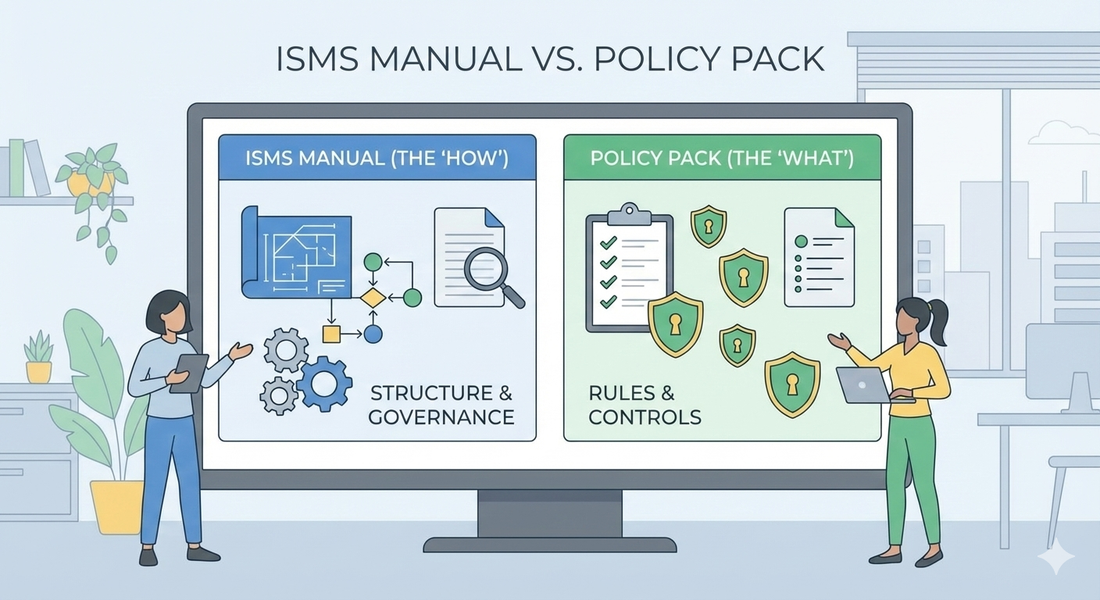 Illustration comparing the roles of an ISO 27001 ISMS Manual (Structure and Governance) versus a Policy Pack (Rules and Controls) for SME documentation.