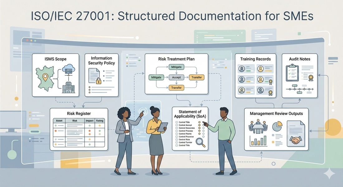 Illustration of SMEs organising ISO 27001 documented information such as ISMS scope, policies, risk registers, and records in a structured workspace.