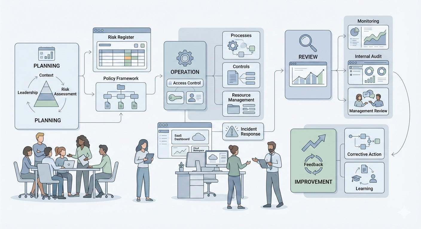 Illustration showing ISO 27001 requirements for SMEs, with structured clauses, risk planning, operational processes, and review activities in an information security management system.