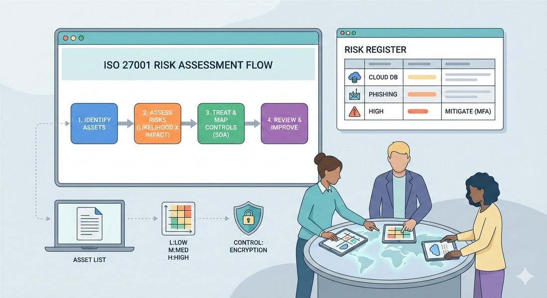 Minimalist vector illustration of an SME team performing an ISO 27001 risk assessment with a risk register and risk treatment overview
