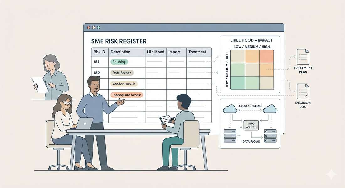 Minimalist illustration of SMEs and startups managing ISO 27001 risks with a risk register, likelihood-impact scoring, and cloud-based data flows.