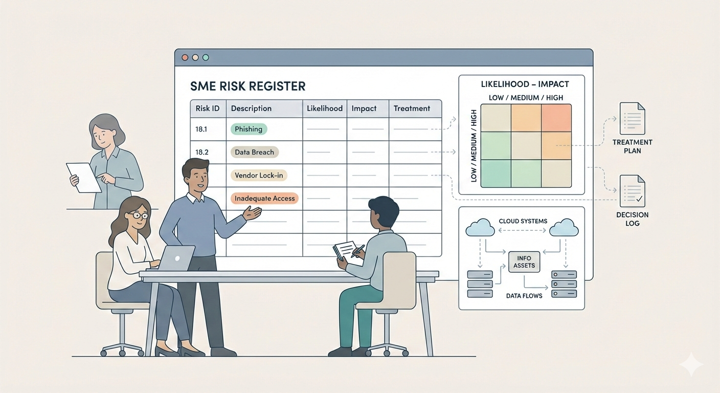 Minimalist illustration of SMEs and startups managing ISO 27001 risks with a risk register, likelihood-impact scoring, and cloud-based data flows.