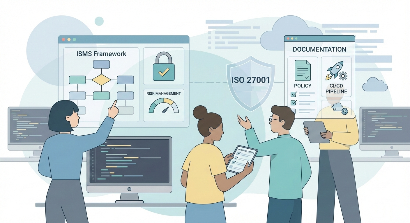 Vector illustration of a lean SaaS startup team collaborating on ISO 27001 implementation, showing digital dashboards, templates, and CI/CD pipelines in a modern workspace.