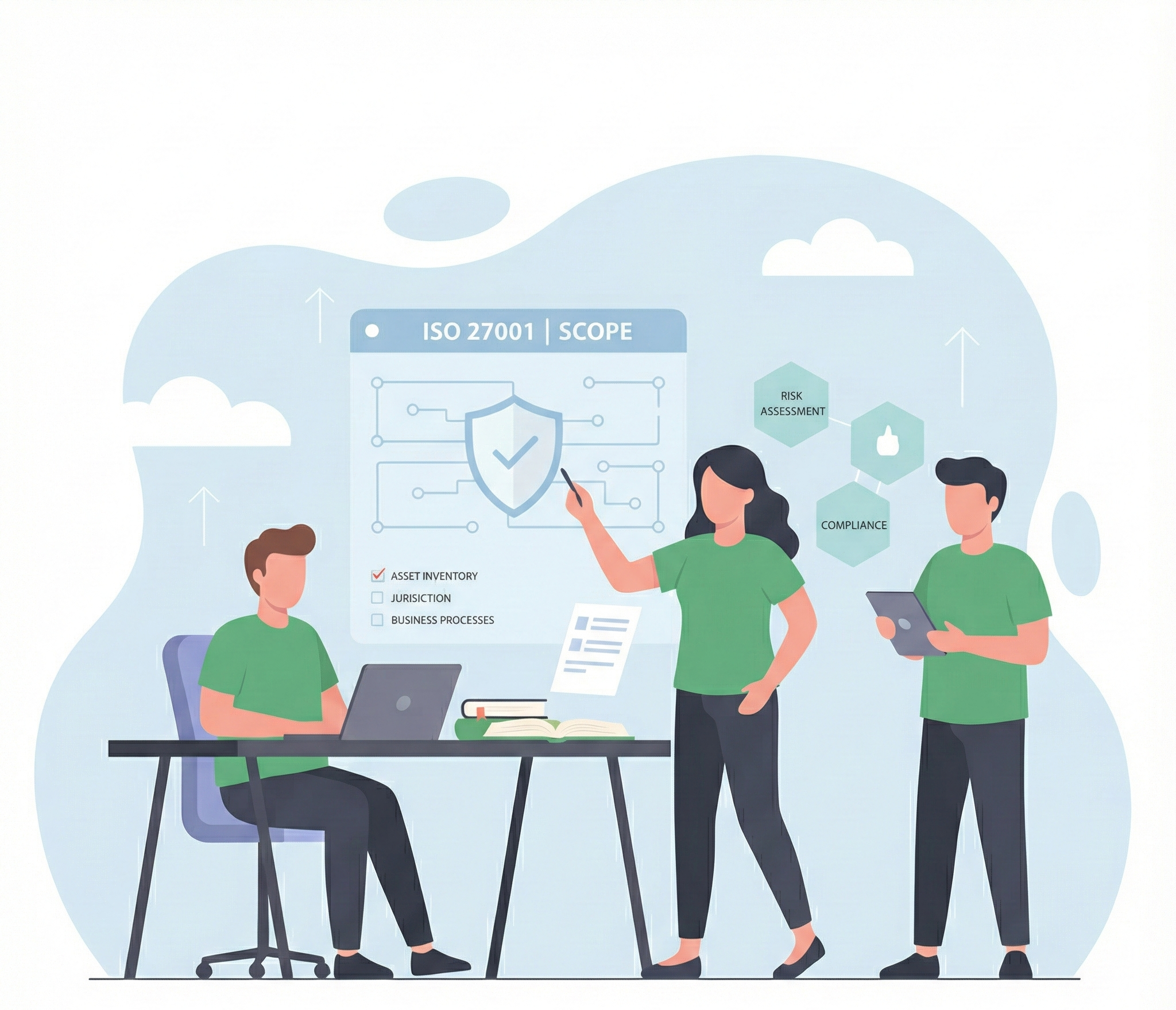 Vector illustration of a modern startup team defining their ISO 27001 ISMS scope, showing documentation, risk assessment, and compliance processes.