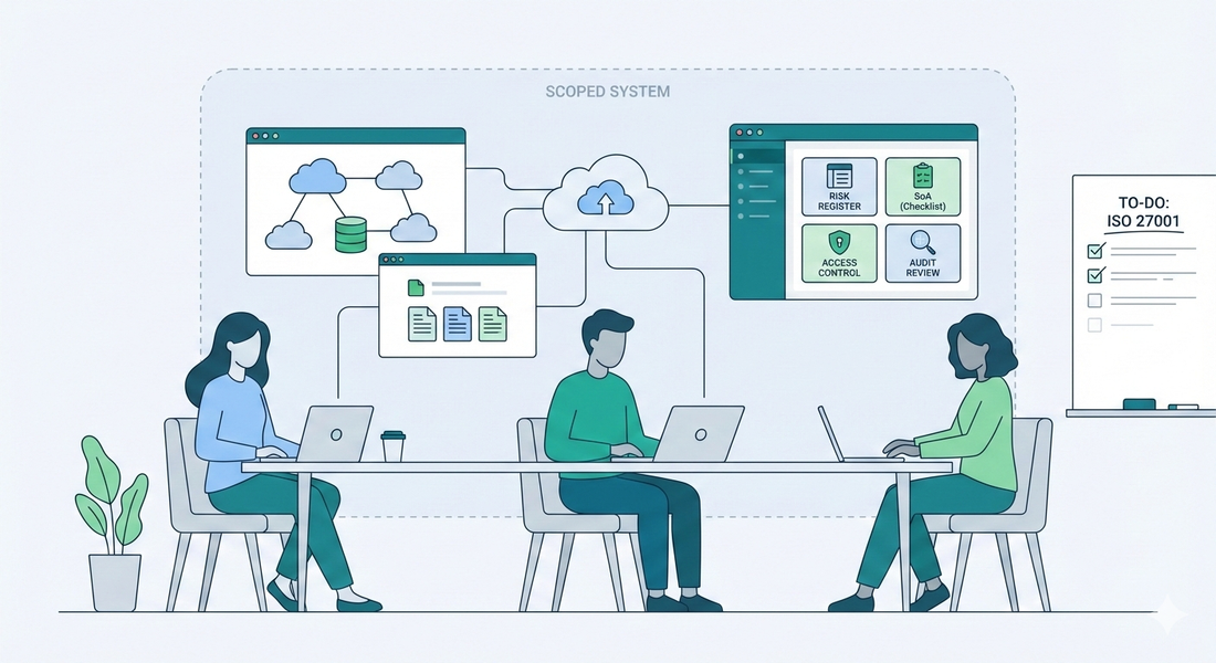 Minimalist vector illustration showing a bootstrapped team collaborating on ISO 27001 information security tasks using cloud tools, risk registers, and lightweight documentation.