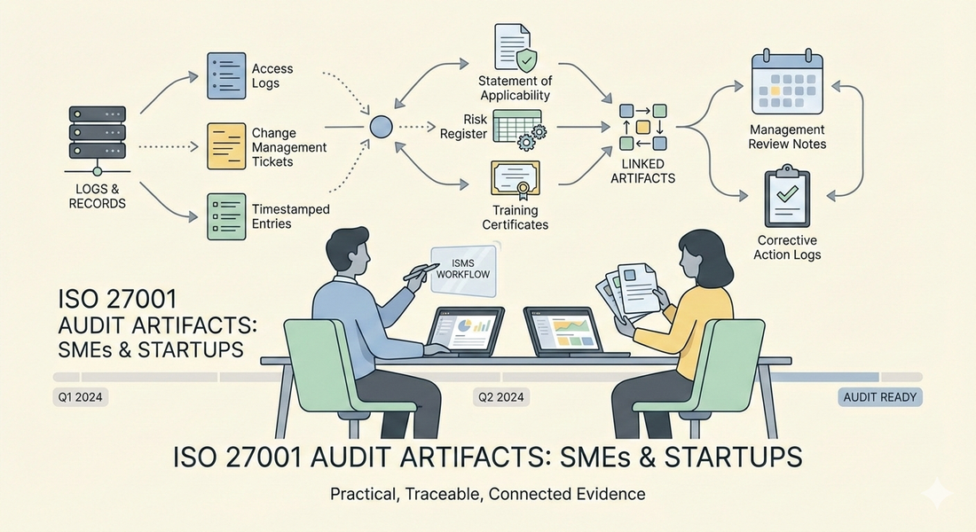 SME team members reviewing ISO 27001 audit artifacts, including logs, training records, and management review notes, showing a practical, traceable approach to ISMS evidence collection.
