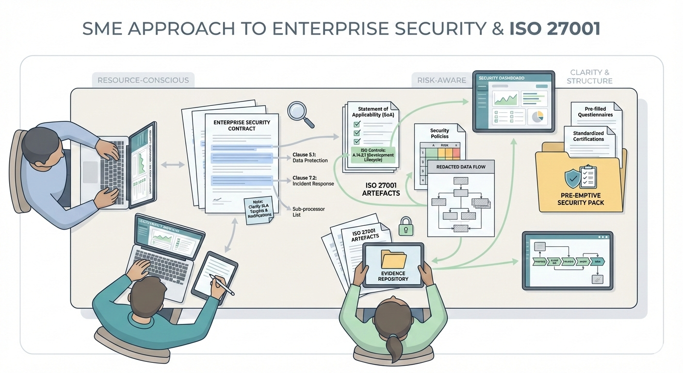 SME team aligning enterprise security clauses with ISO 27001 controls using a pre-emptive evidence pack for contract review.