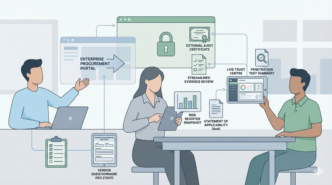 SME team reviewing ISO 27001 artefacts to streamline procurement, respond to RFIs, and present structured security evidence for enterprise vendor assessments.