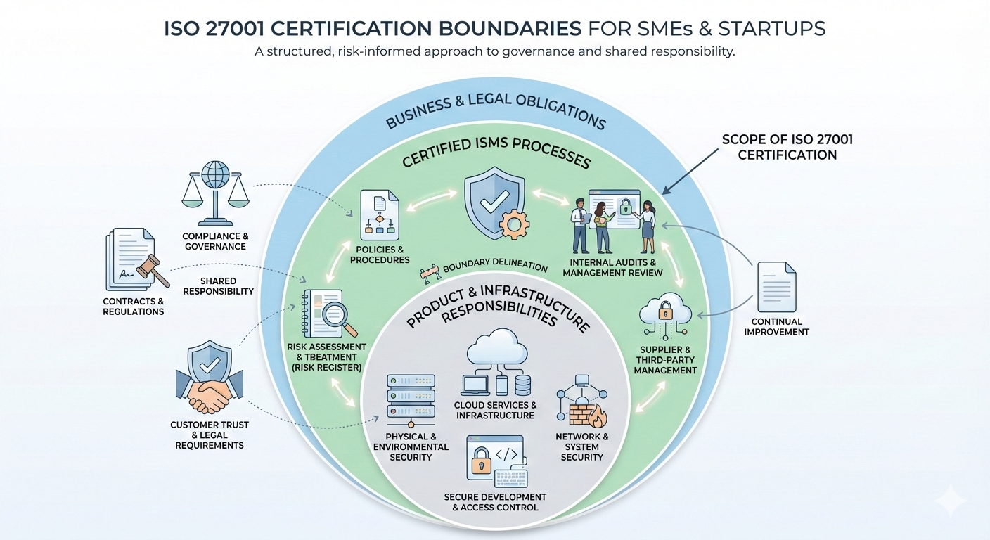 Diagram of three concentric circles showing ISO 27001 boundaries for SMEs: Outer – business/legal obligations, Middle – certified ISMS processes, Inner – product and infrastructure responsibilities.