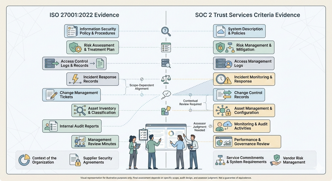 Illustration comparing ISO/IEC 27001:2022 evidence with SOC 2 Trust Services Criteria for SMEs, showing overlapping policies, logs, audits, and risk registers.