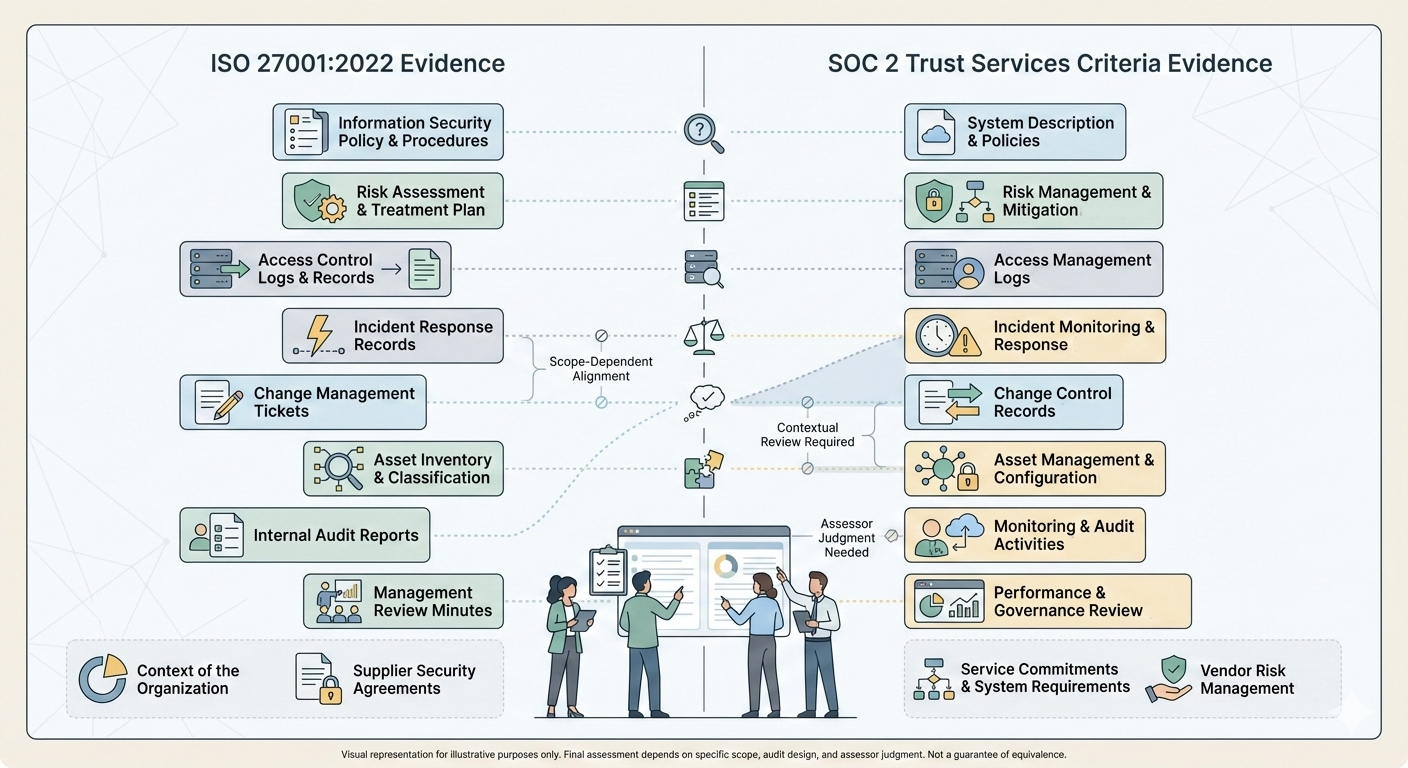 Illustration comparing ISO/IEC 27001:2022 evidence with SOC 2 Trust Services Criteria for SMEs, showing overlapping policies, logs, audits, and risk registers.