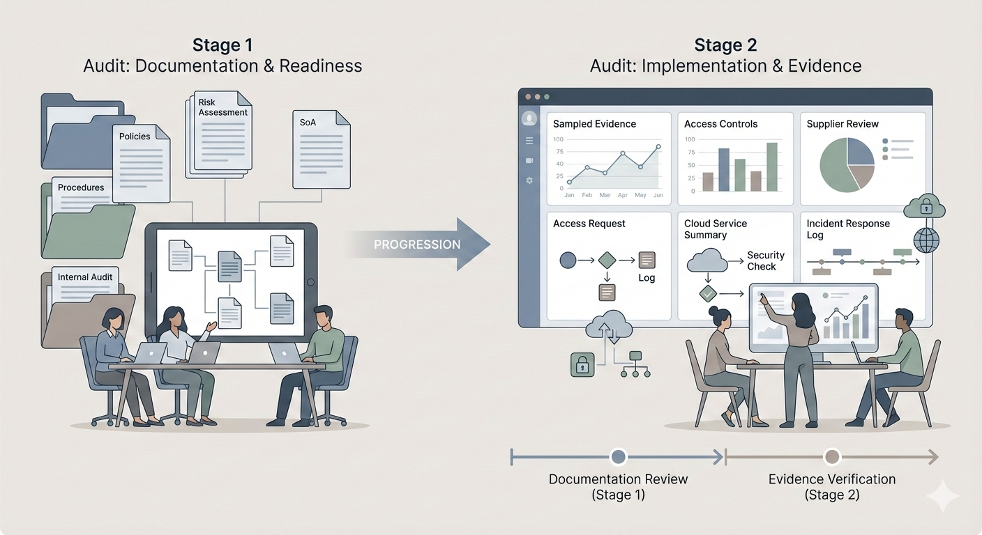 Illustration of an SME team reviewing ISO 27001 Stage 1 documentation and Stage 2 audit evidence in a structured digital workspace, showing policies, risk registers, and workflow diagrams.