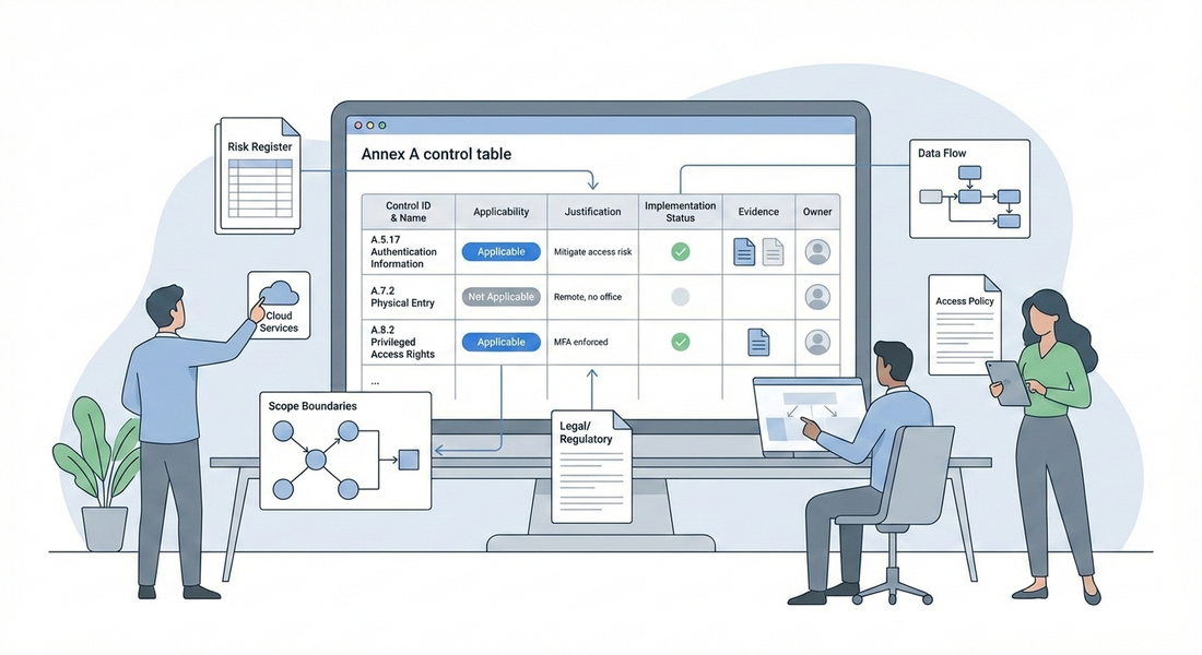 Minimalist illustration of a small team reviewing an ISO 27001 Statement of Applicability for SMEs, showing structured control selection and documentation.