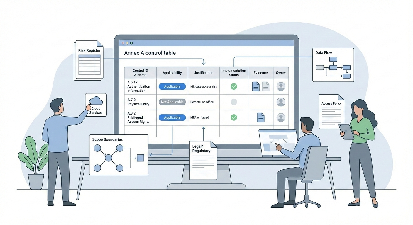Minimalist illustration of a small team reviewing an ISO 27001 Statement of Applicability for SMEs, showing structured control selection and documentation.