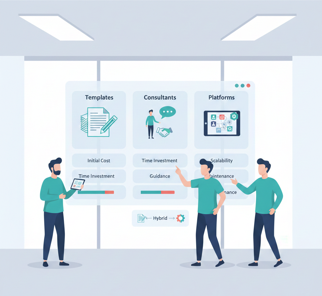 Vector illustration comparing ISO 27001 solutions: templates, consultants, and platforms on a dashboard with SME team members.